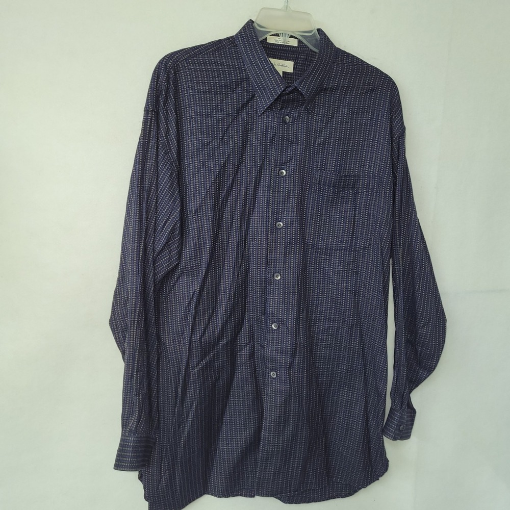 John W Nordstrom Shirt‎ Mens XL Button Down Navy Gold Check Fabric Woven Italy